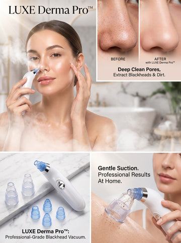 A promotional collage for the LUXE Derma Pro blackhead vacuum facial cleansing device. The image features a woman demonstrating the white and blue handheld device on her face and shoulder, before-and-after close-ups of a clogged pore, and the device with multiple interchangeable clear nozzle attachments on a marble surface.
