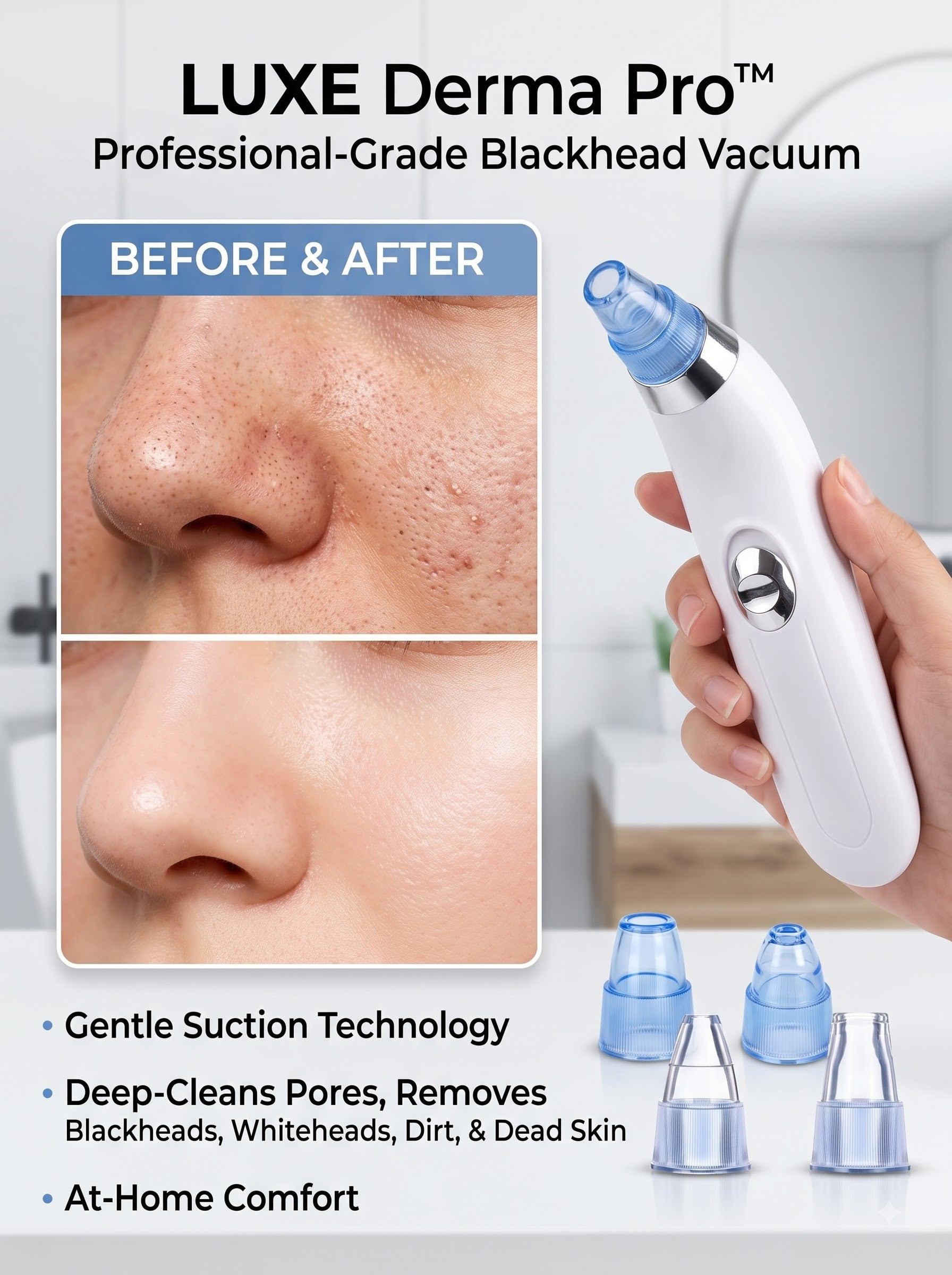 LUXE Derma Pro professional-grade blackhead vacuum shown in a before-and-after skin comparison panel alongside a hand holding the white handheld device with blue nozzle attachments.