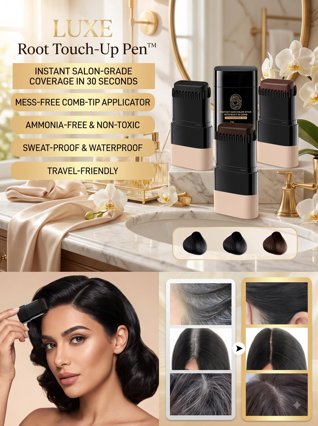 LUXE Root Touch-Up Pen™ (Pack of 2) | Instant Grey Hair Cover Stick with Built-in Comb | Salon Finish in 30 Seconds — Ammonia-Free & Waterproof