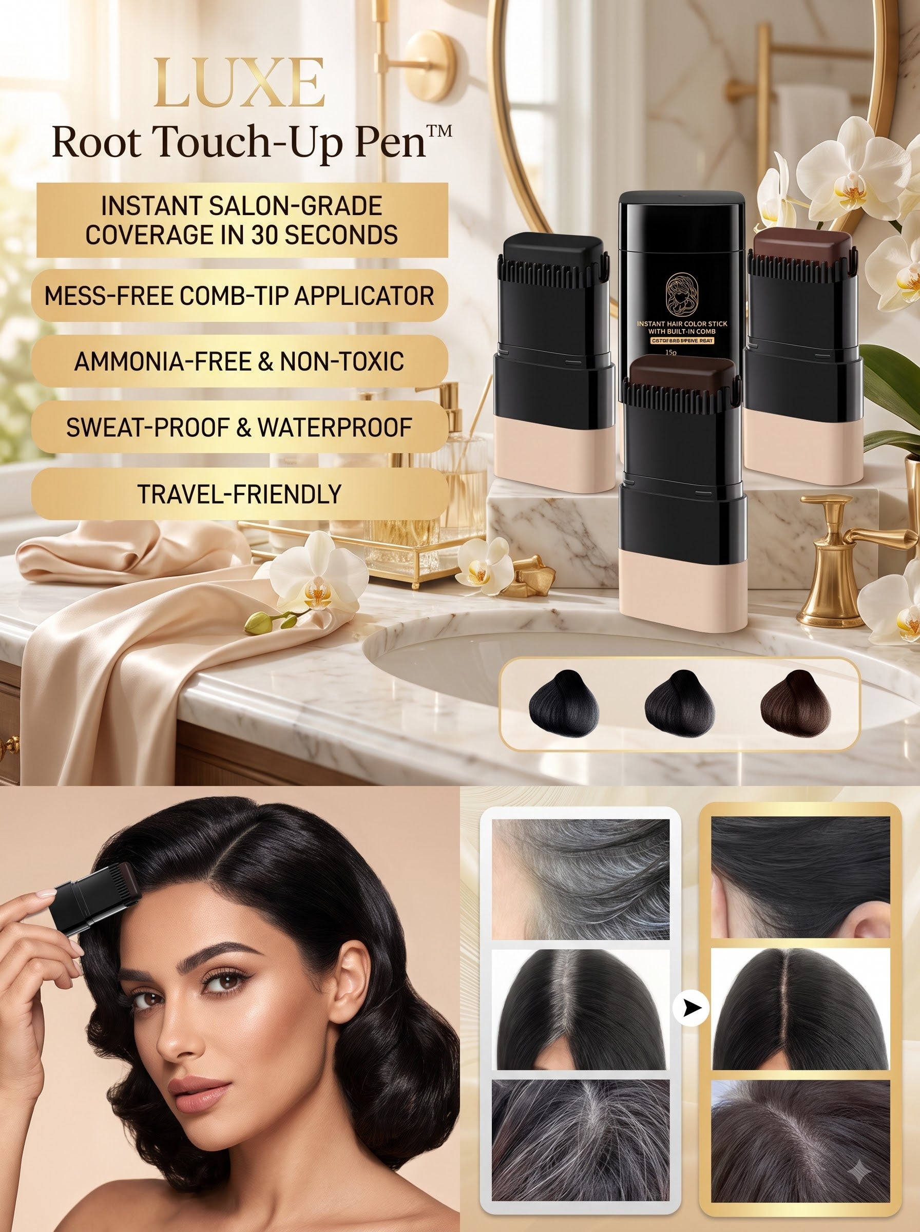 LUXE Root Touch-Up Pen™ | Instant Grey Hair Cover Stick with Built-in Comb | Salon Finish in 30 Seconds — Ammonia-Free & Waterproof