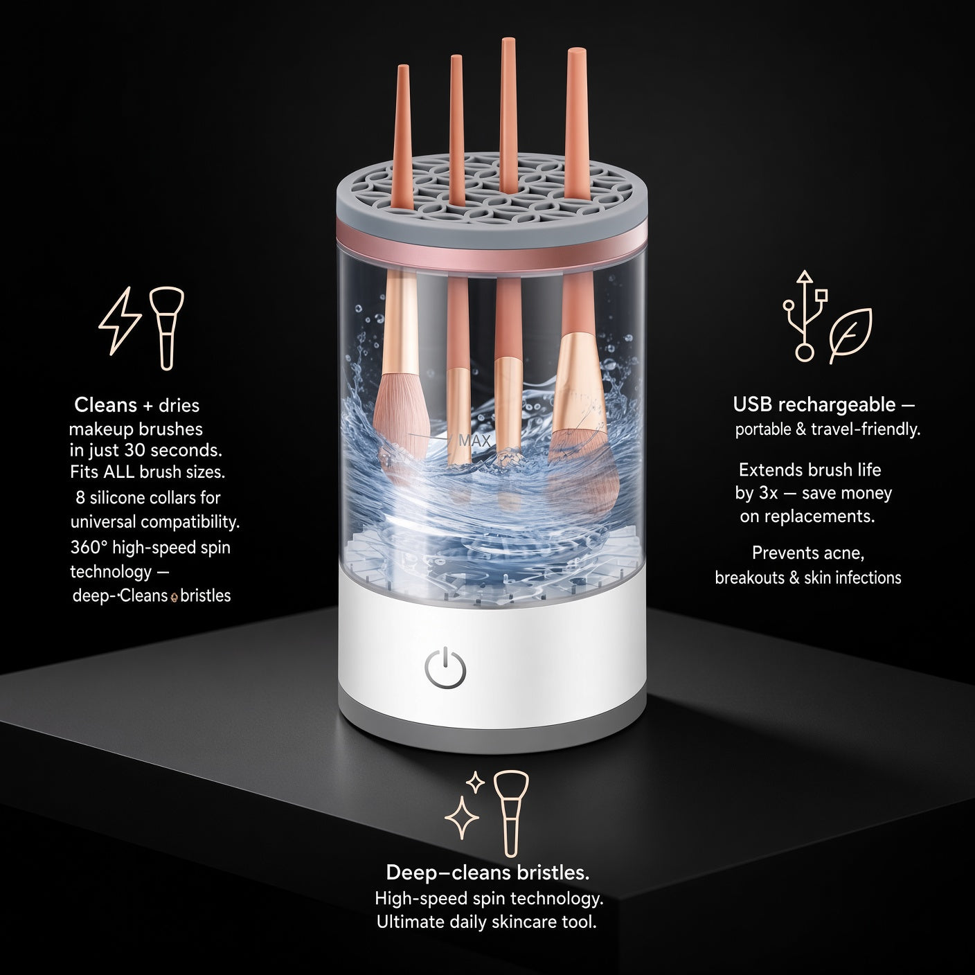 LUXE Brush Spa™ | 3-in-1 Automatic Makeup Brush Cleaner & Dryer | USB Electric Machine Fits All Brush Sizes — Cleans in 30 Seconds
